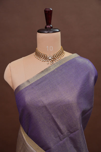 Violet Tissue Linen Saree with Gold Piping Border