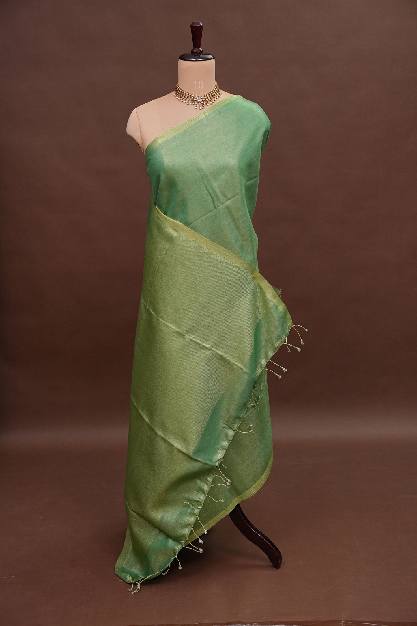 Fresh Green & Soft Gold Tissue Linen Saree