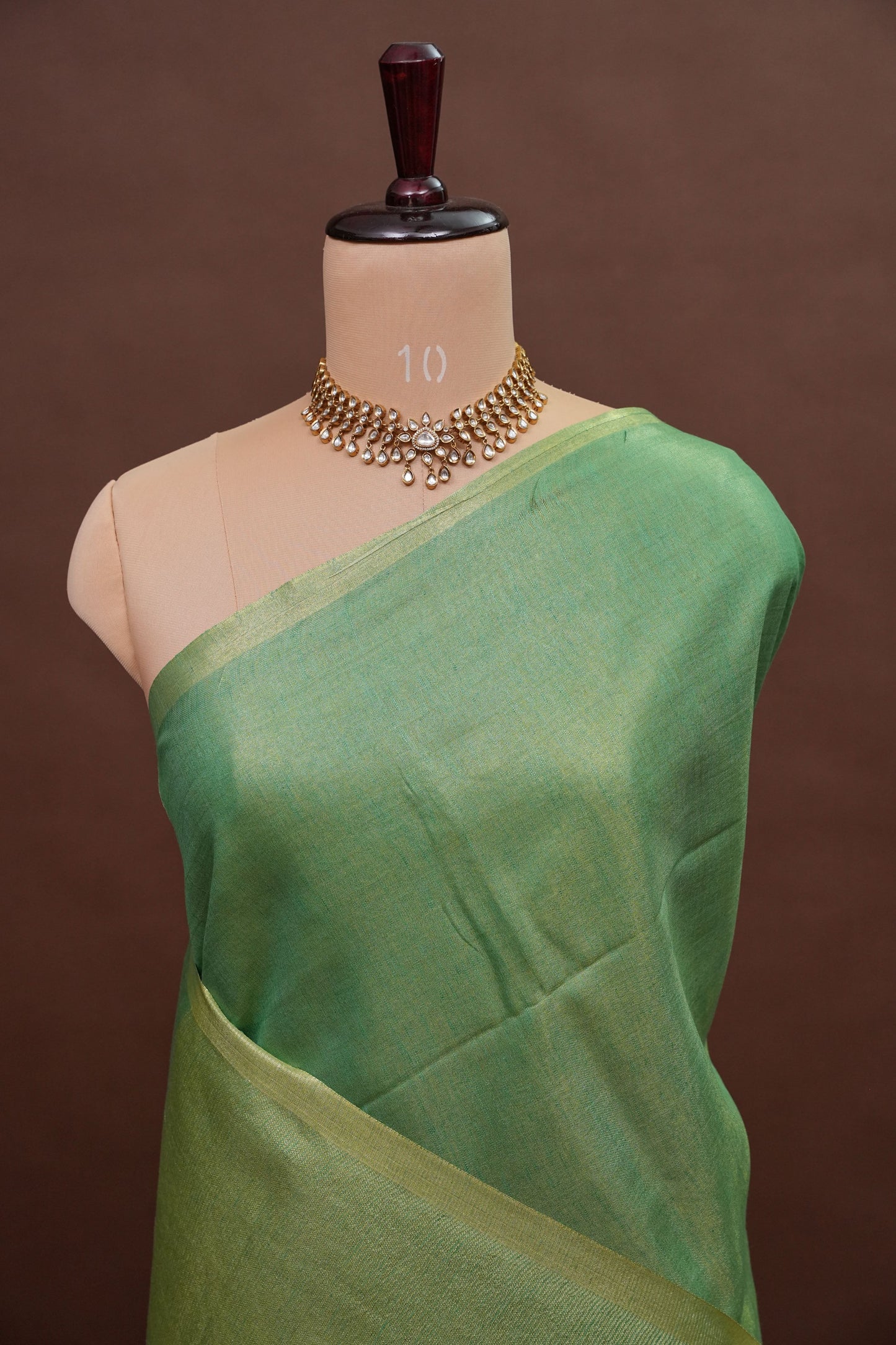 Fresh Green & Soft Gold Tissue Linen Saree