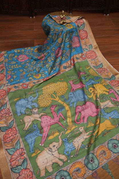 Linen Tussar Saree with Kalamkari Digital Print – Green & Blue