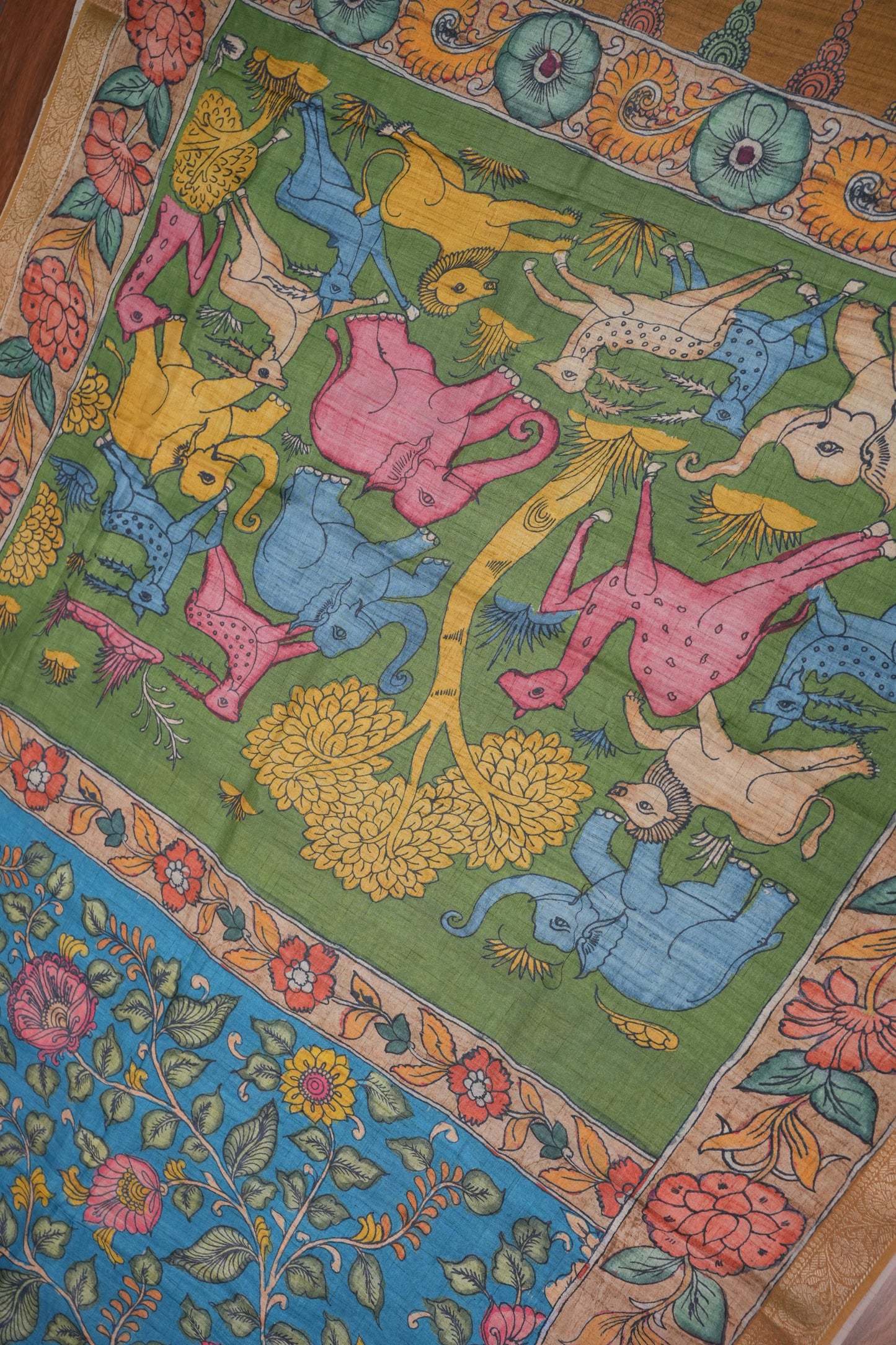 Linen Tussar Saree with Kalamkari Digital Print – Green & Blue