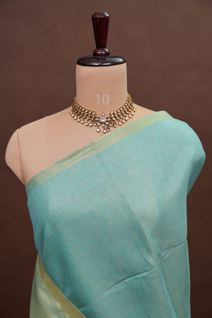 Aqua Blue & Soft Gold Tissue Linen Saree