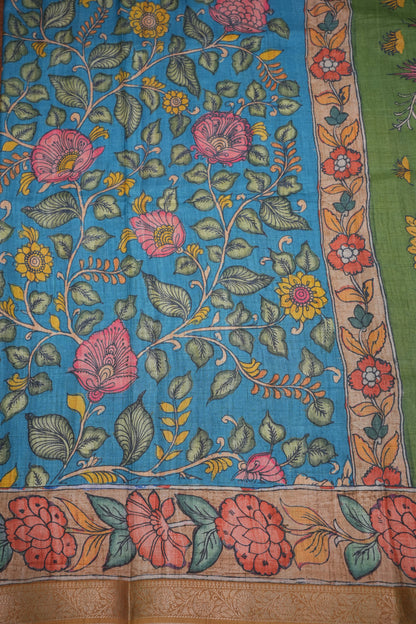 Linen Tussar Saree with Kalamkari Digital Print – Green & Blue