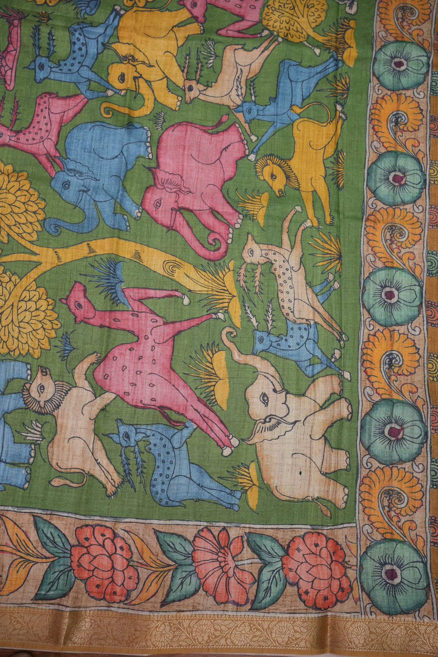 Linen Tussar Saree with Kalamkari Digital Print – Green & Blue