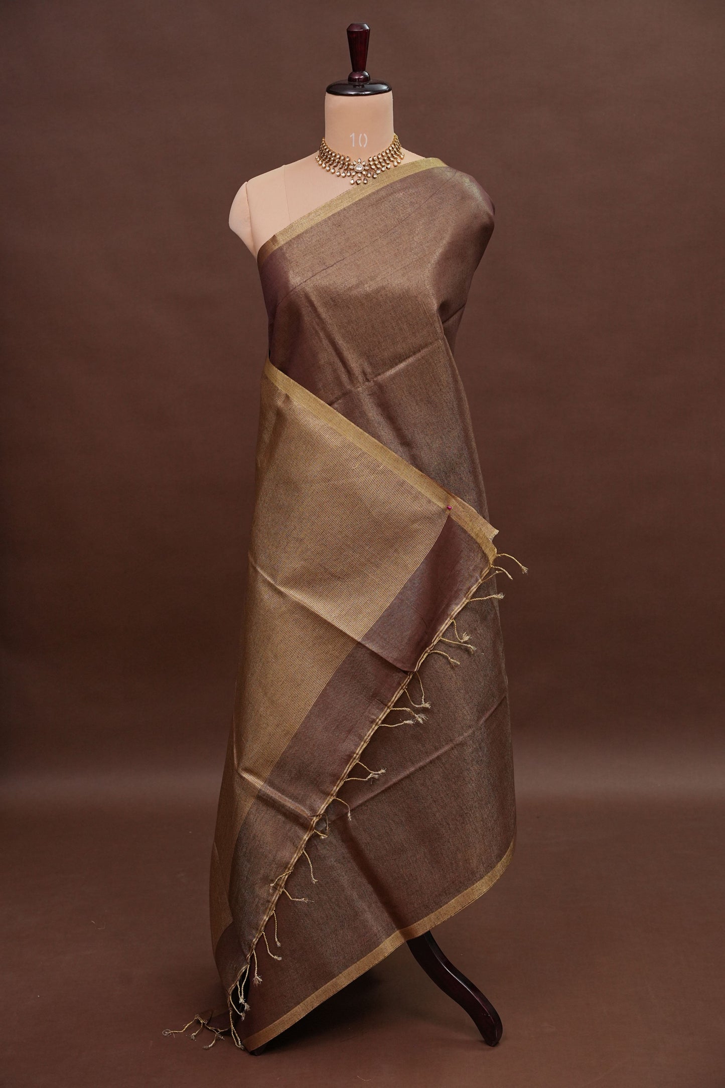 Mocha Brown & Antique Gold Tissue Linen Saree