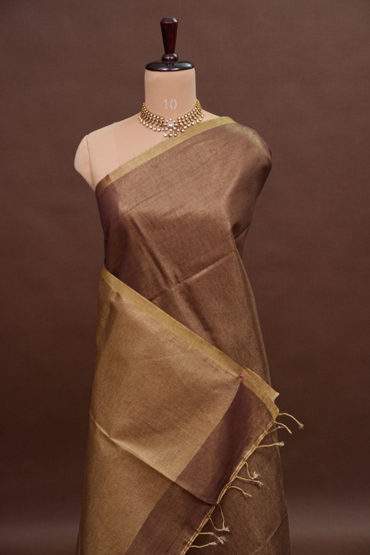 Mocha Brown & Antique Gold Tissue Linen Saree