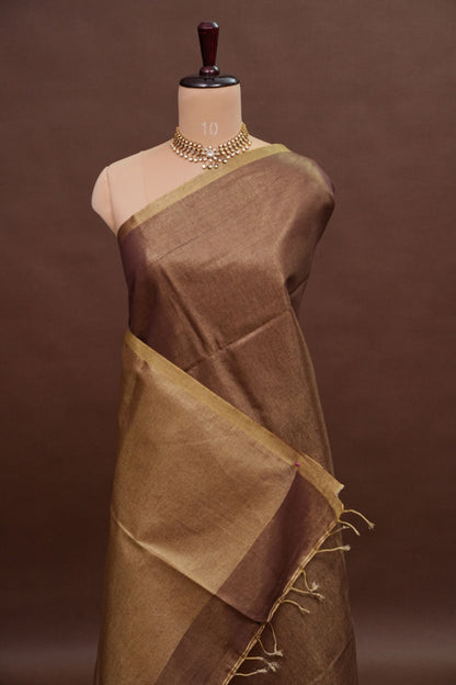 Mocha Brown & Antique Gold Tissue Linen Saree