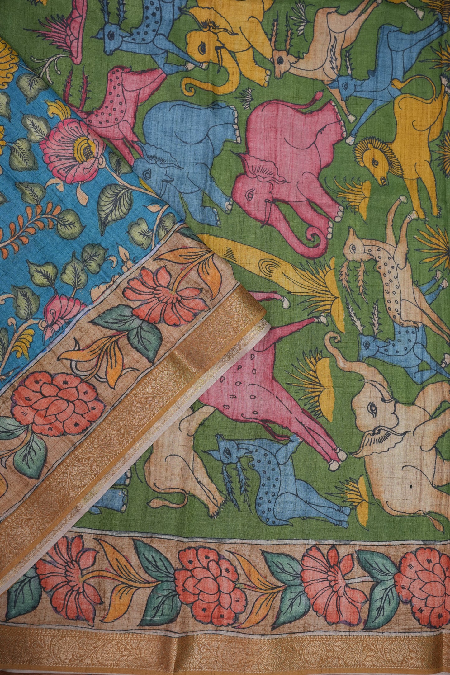 Linen Tussar Saree with Kalamkari Digital Print – Green & Blue