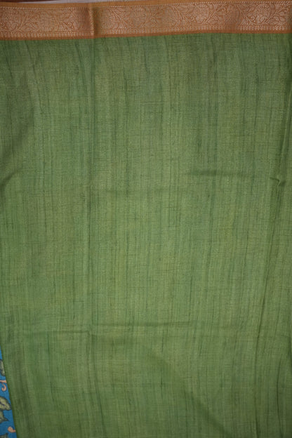 Linen Tussar Saree with Kalamkari Digital Print – Green & Blue