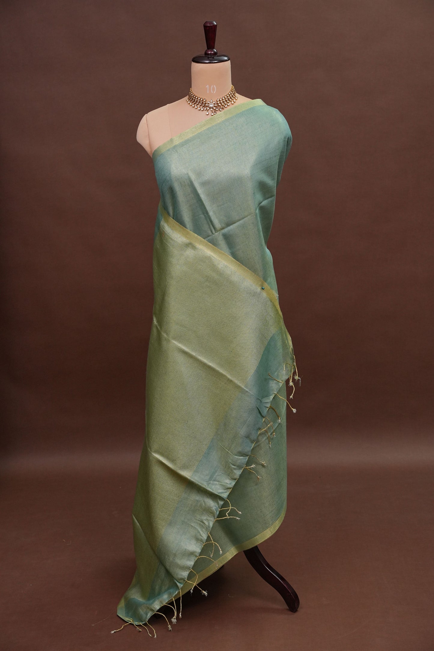 Sage Green & Olive Gold Tissue Linen Saree