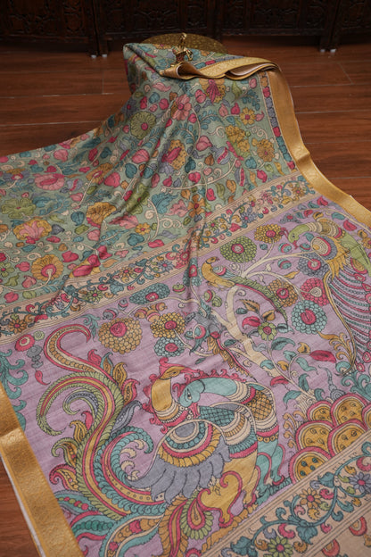 Linen Tussar Saree with Kalamkari Digital Print – Steel Grey Kalamkari Theme