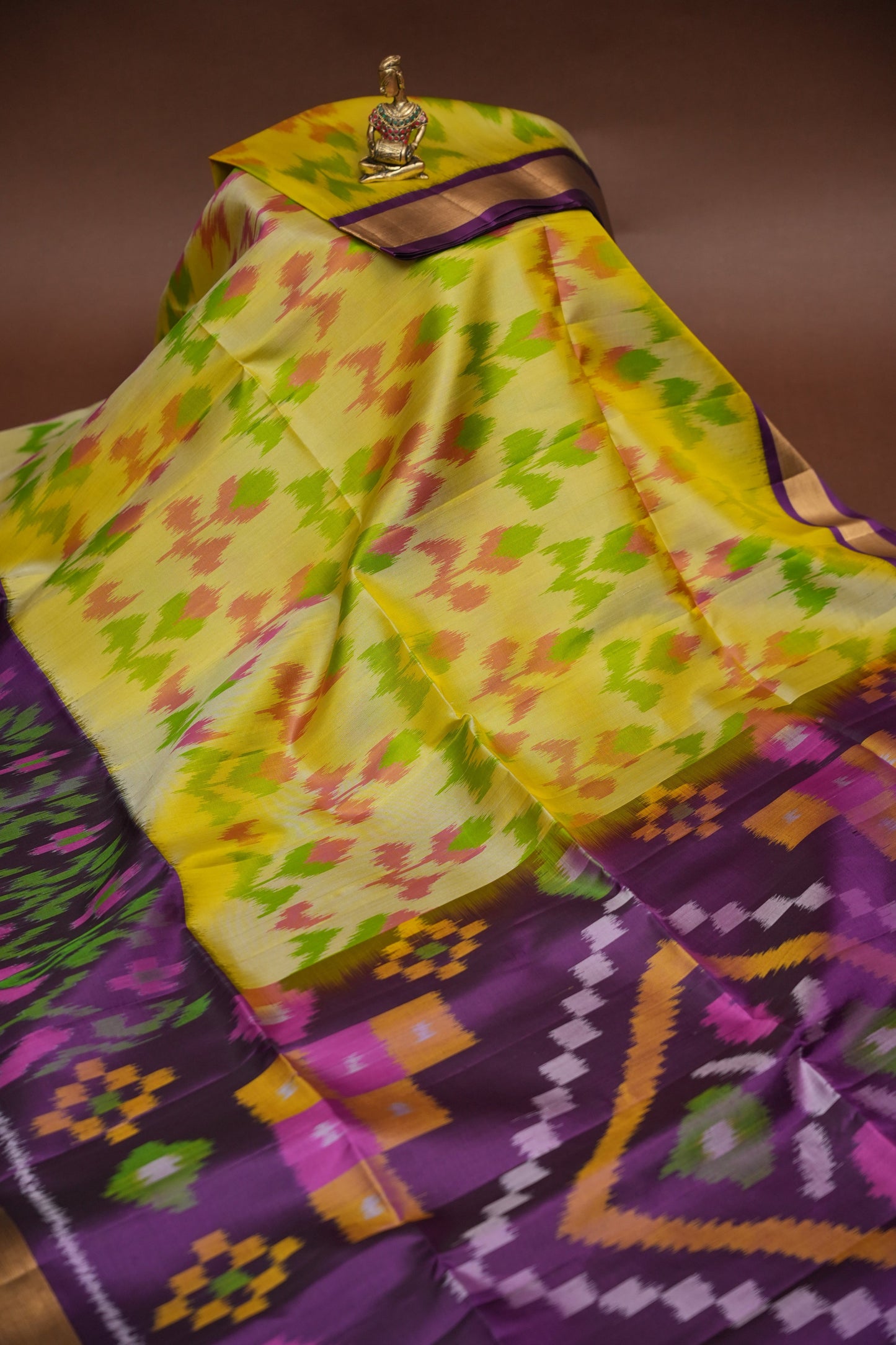 Pure Ikkat Soft Silk Saree - Purple & Yellow