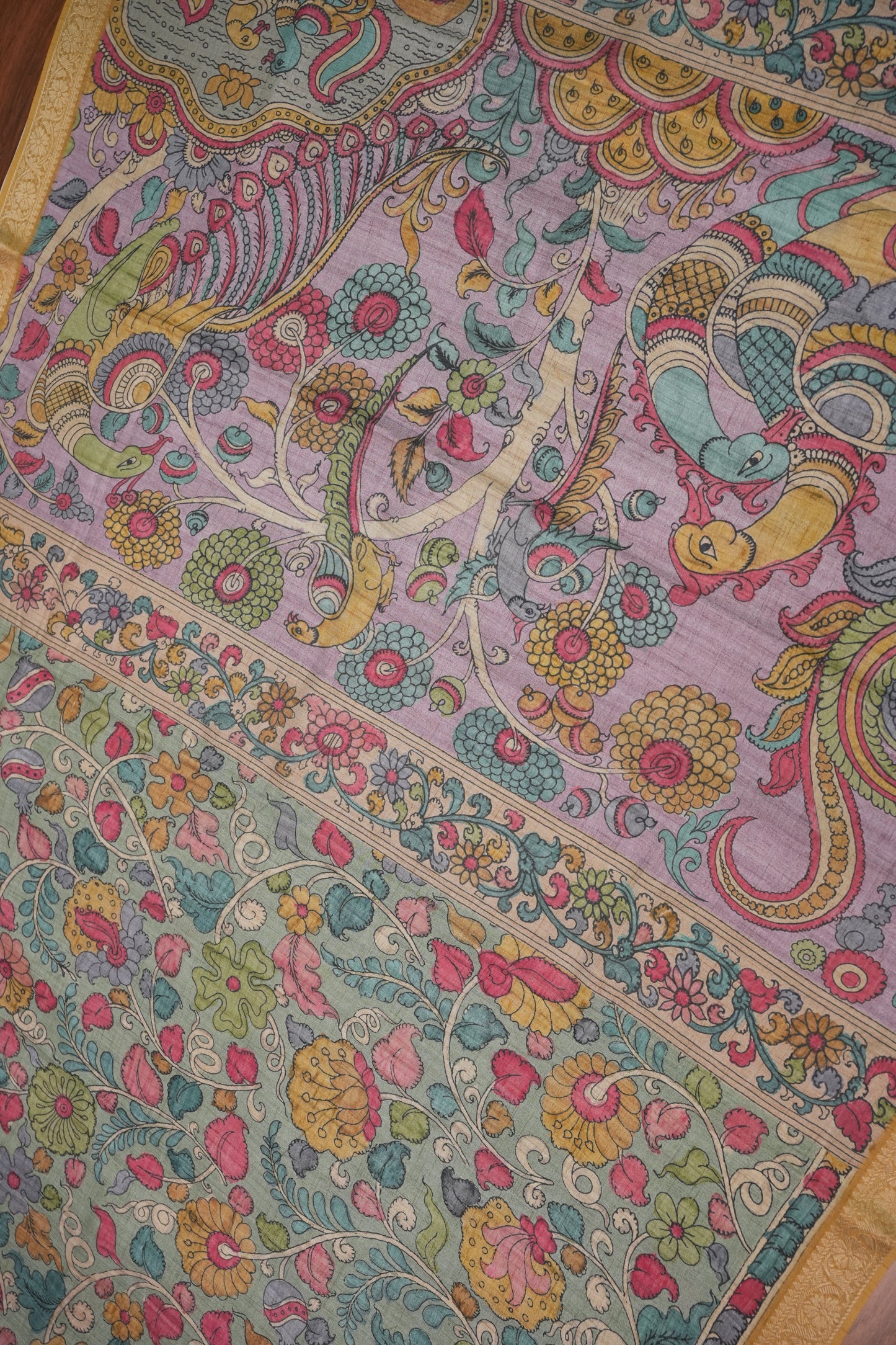 Linen Tussar Saree with Kalamkari Digital Print – Steel Grey Kalamkari Theme