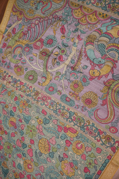 Linen Tussar Saree with Kalamkari Digital Print – Steel Grey Kalamkari Theme