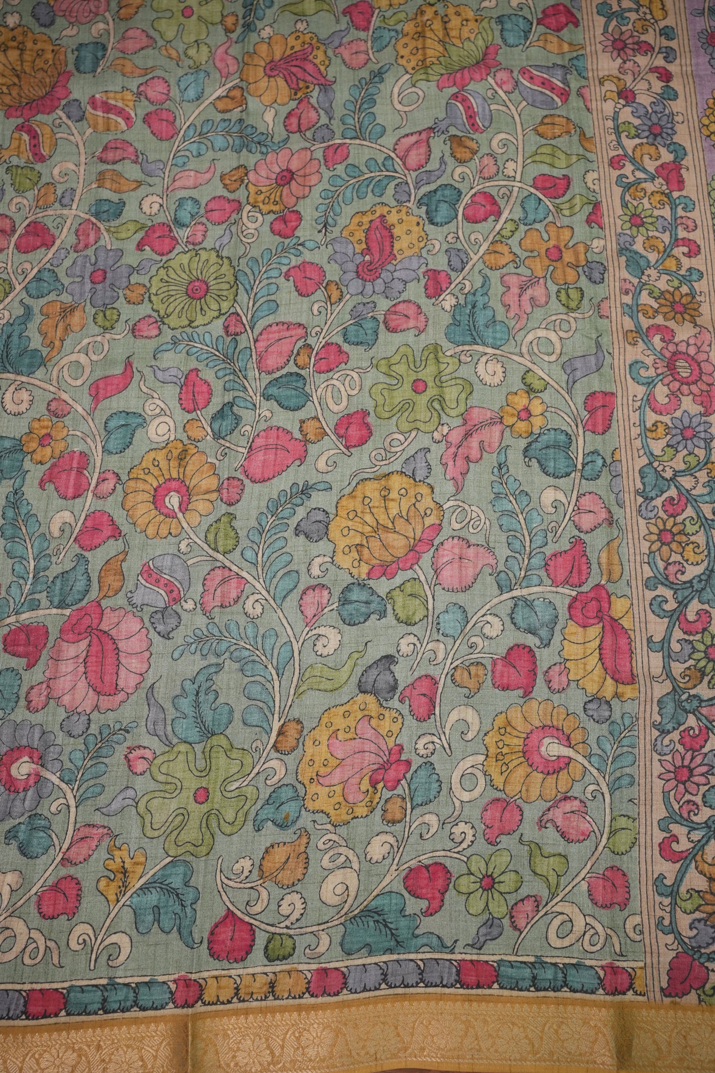 Linen Tussar Saree with Kalamkari Digital Print – Steel Grey Kalamkari Theme