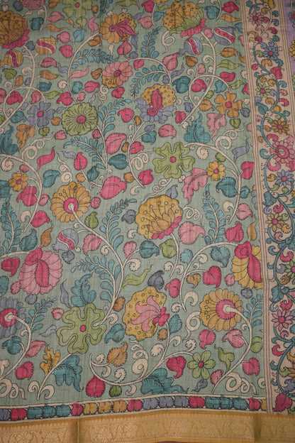 Linen Tussar Saree with Kalamkari Digital Print – Steel Grey Kalamkari Theme