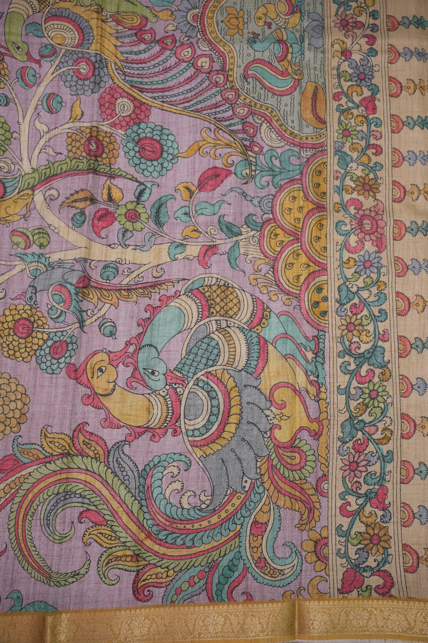 Linen Tussar Saree with Kalamkari Digital Print – Steel Grey Kalamkari Theme