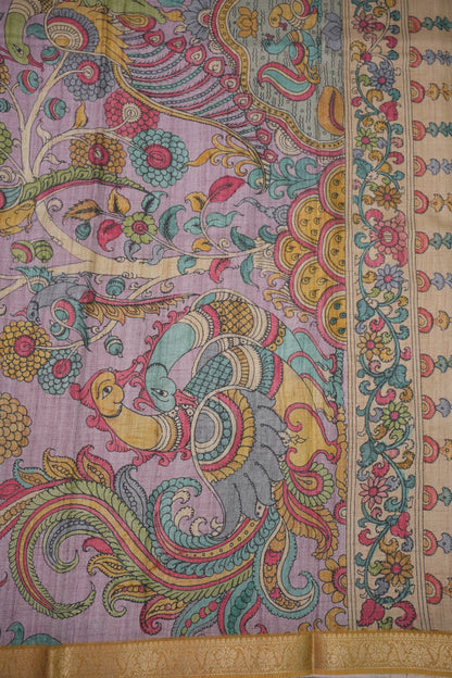 Linen Tussar Saree with Kalamkari Digital Print – Steel Grey Kalamkari Theme