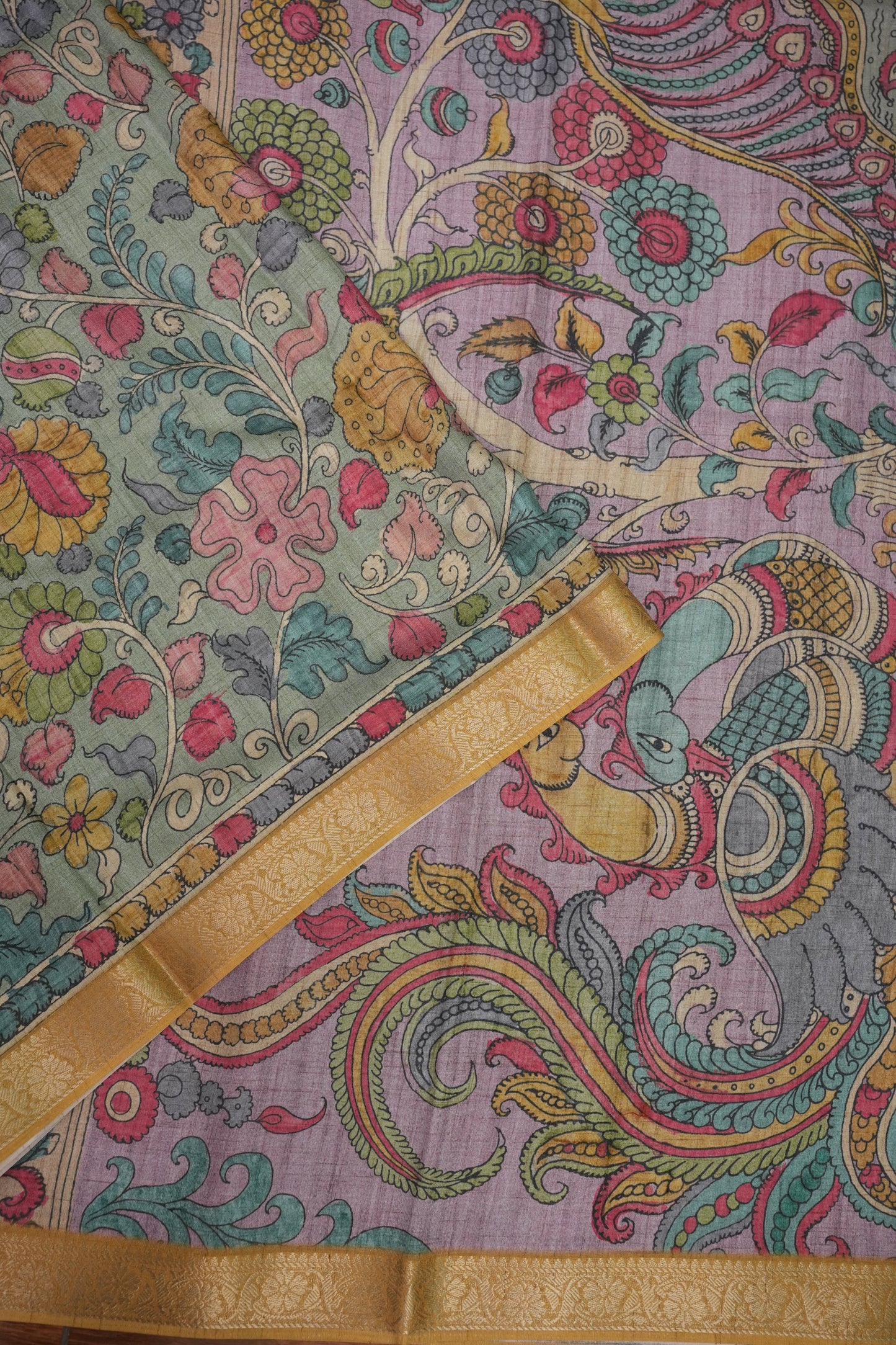 Linen Tussar Saree with Kalamkari Digital Print – Steel Grey Kalamkari Theme