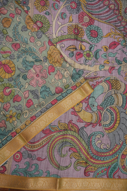 Linen Tussar Saree with Kalamkari Digital Print – Steel Grey Kalamkari Theme