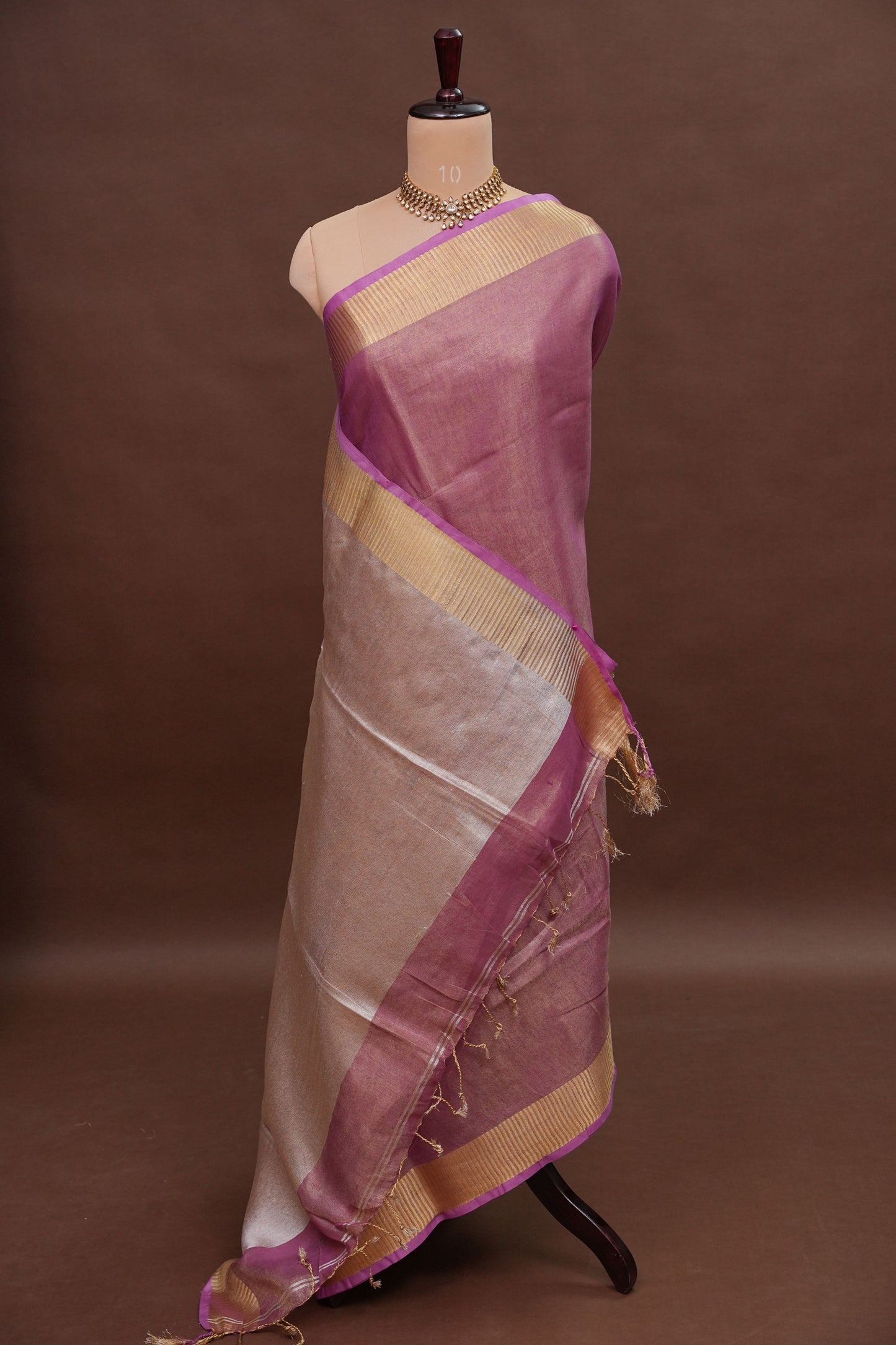 Rose Pink & Champagne Gold Tissue Linen Saree with Zari Border