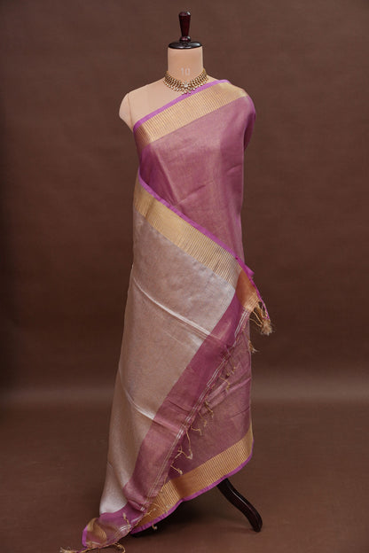 Rose Pink & Champagne Gold Tissue Linen Saree with Zari Border