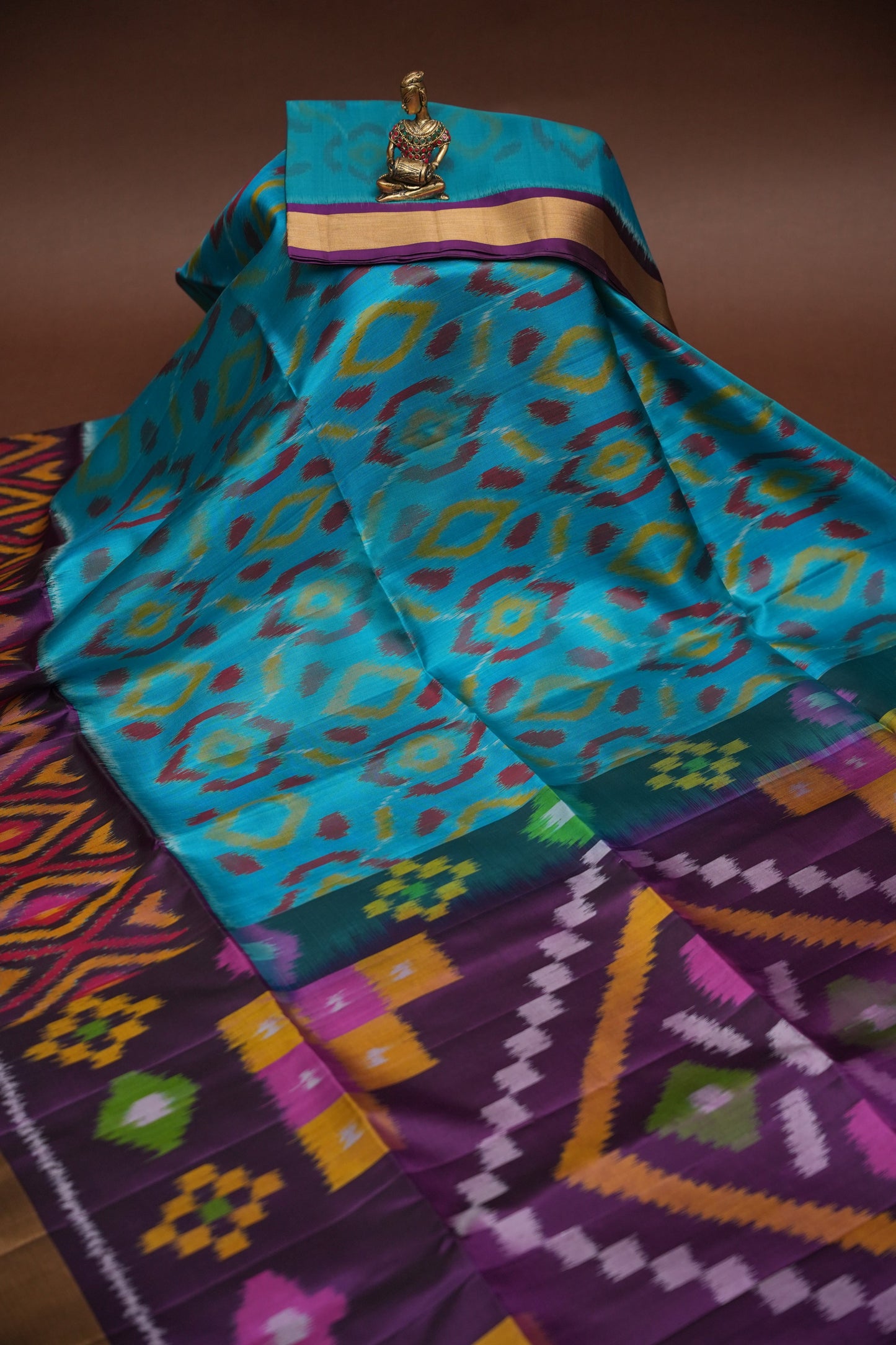 Pure Ikkat Soft Silk Saree - Turquoise Blue & Purple