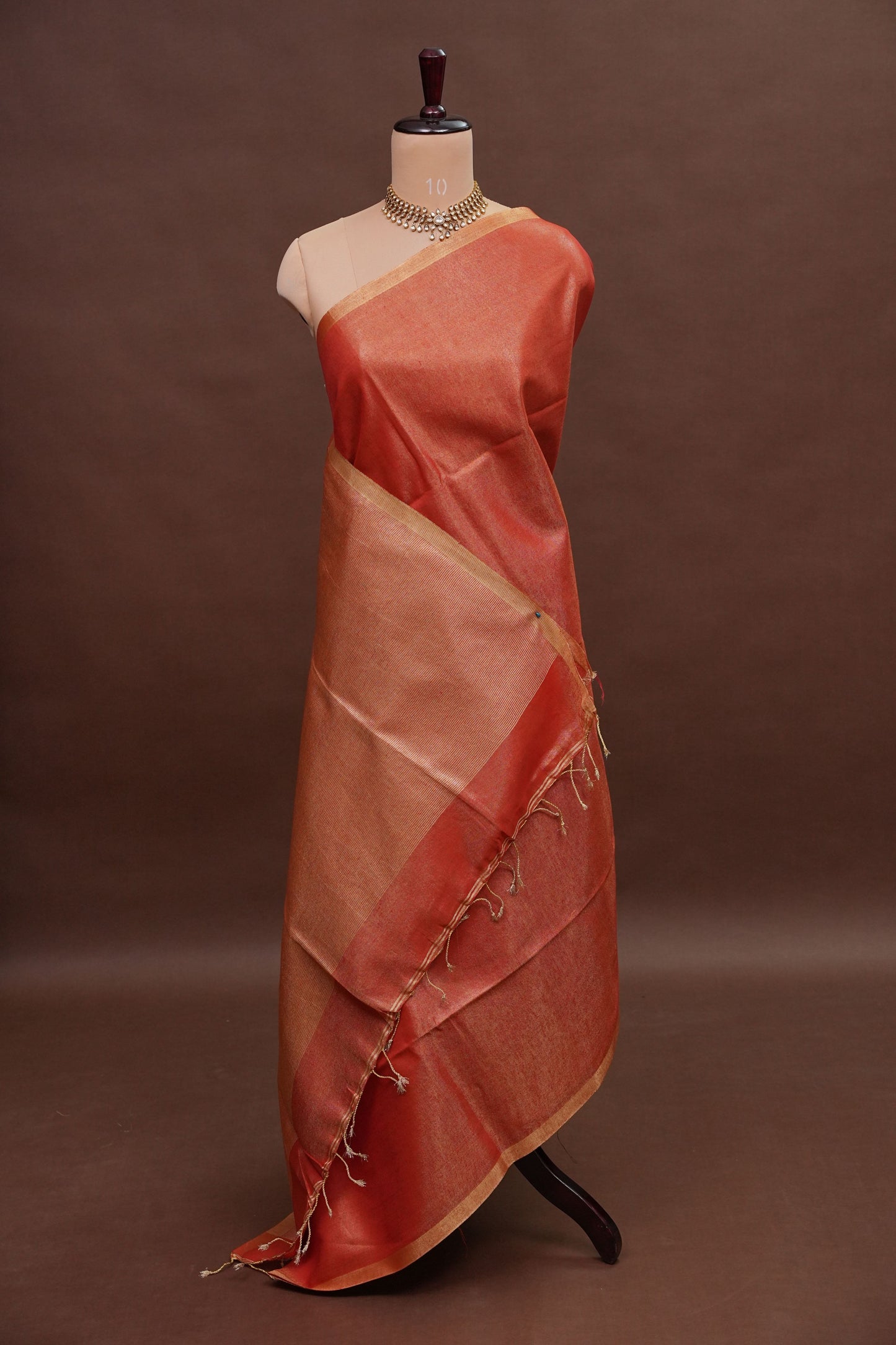Tissue Linen Silk Saree – Rustic Brick Red with Classic Gold Border