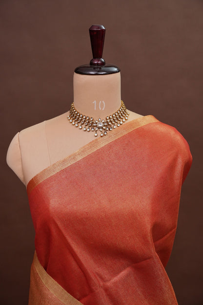 Tissue Linen Silk Saree – Rustic Brick Red with Classic Gold Border