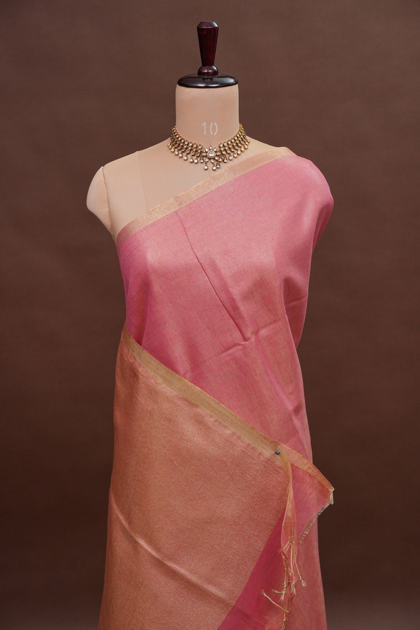Tissue Linen Silk Saree – Blush Pink with Subtle Gold Zari Border