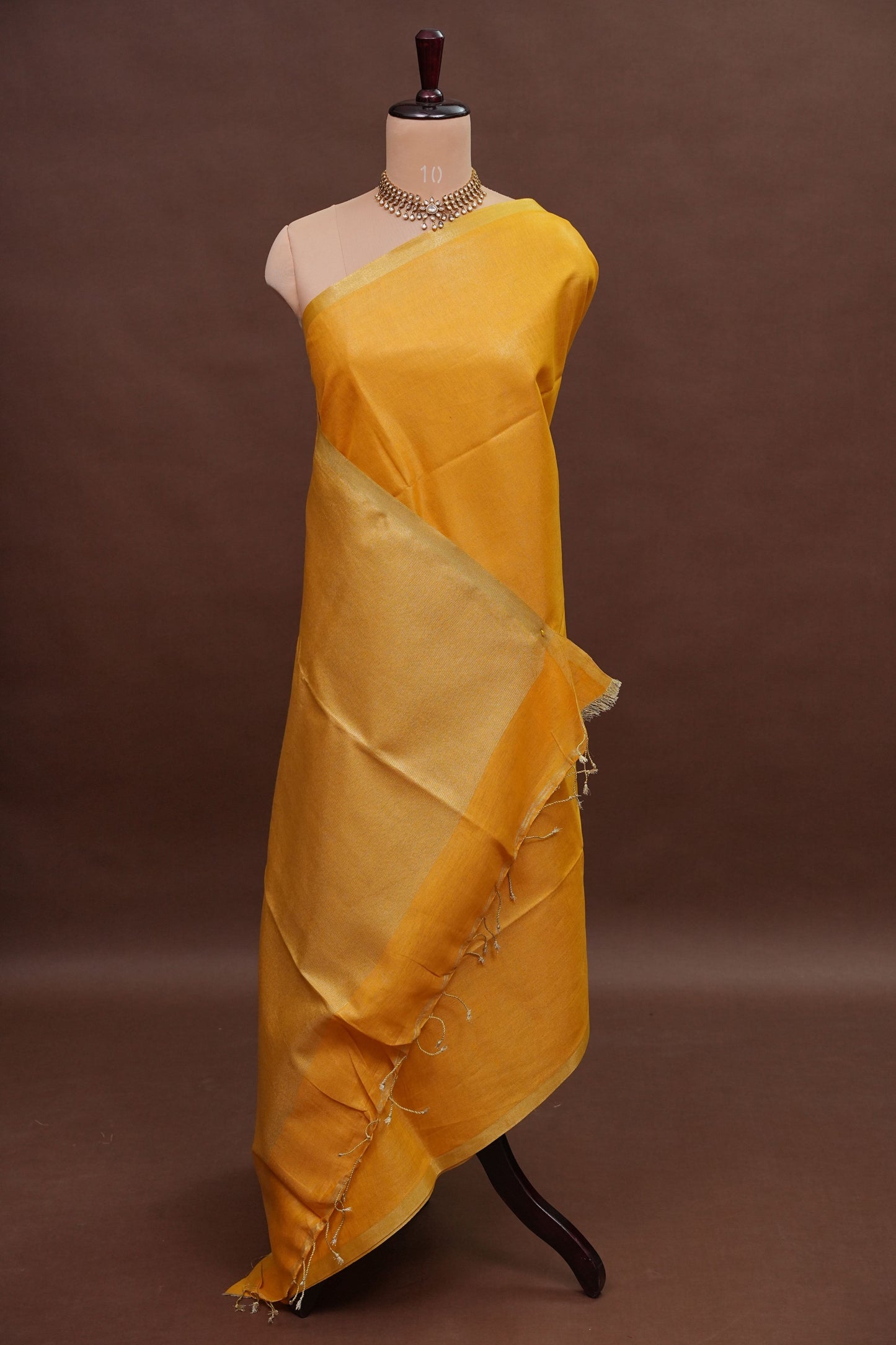 Tissue Linen Silk Saree – Mustard Yellow with Subtle Gold Zari Border