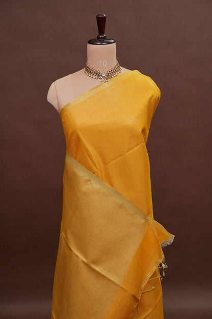 Tissue Linen Silk Saree – Mustard Yellow with Subtle Gold Zari Border