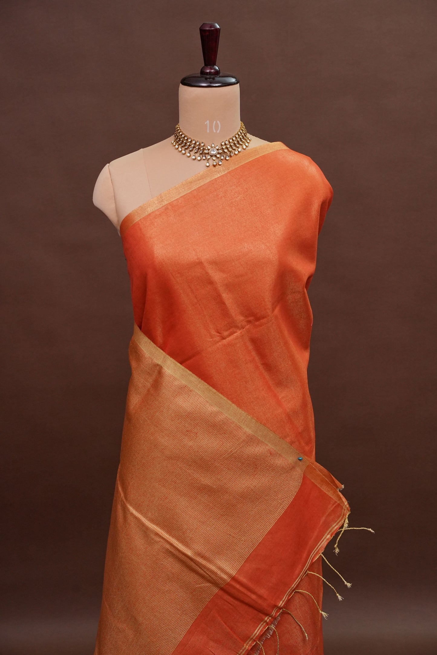 Tissue Linen Silk Saree – Rust Orange with Subtle Gold Zari Border
