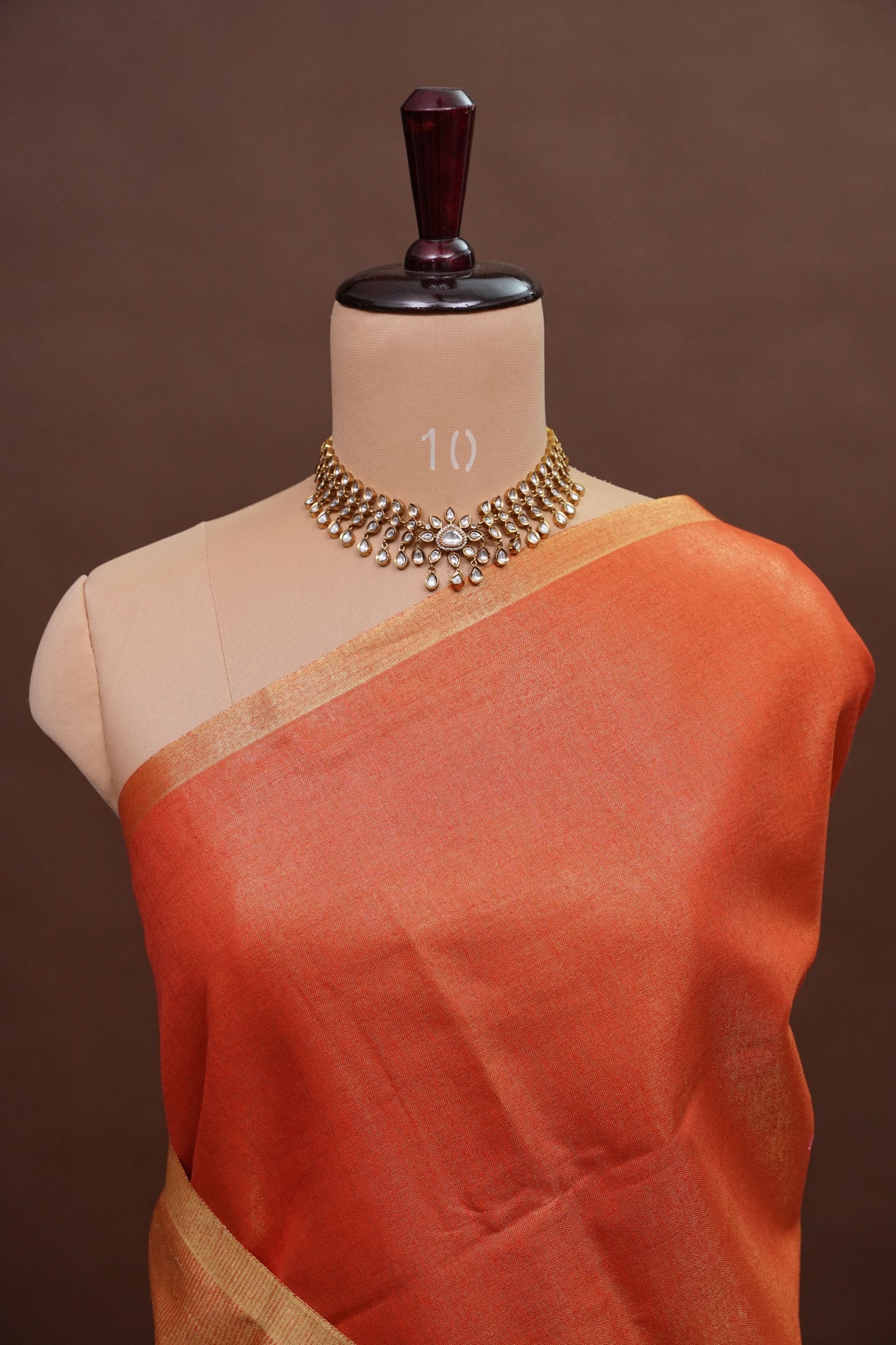 Tissue Linen Silk Saree – Rust Orange with Subtle Gold Zari Border