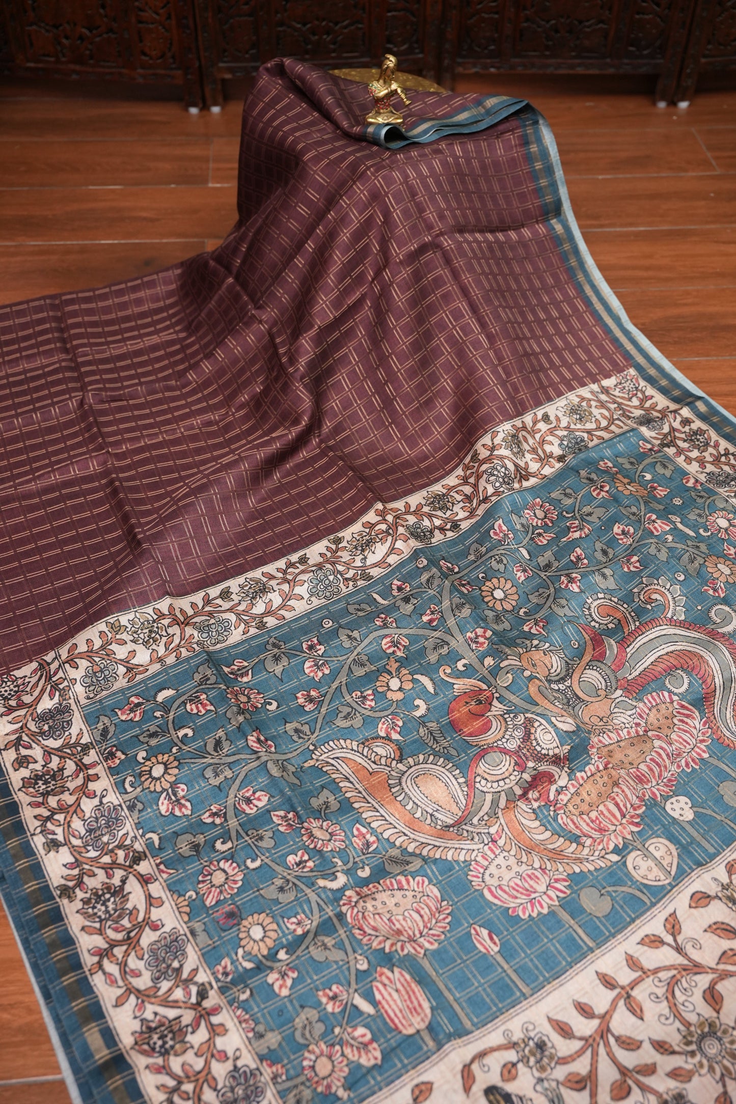 Semi Tussar Raw Silk Saree with Checkered Body & Kalamkari Printed Pallu and Blouse – Brown & Teal Blue
