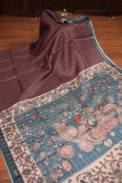 Semi Tussar Raw Silk Saree with Checkered Body & Kalamkari Printed Pallu and Blouse – Brown & Teal Blue