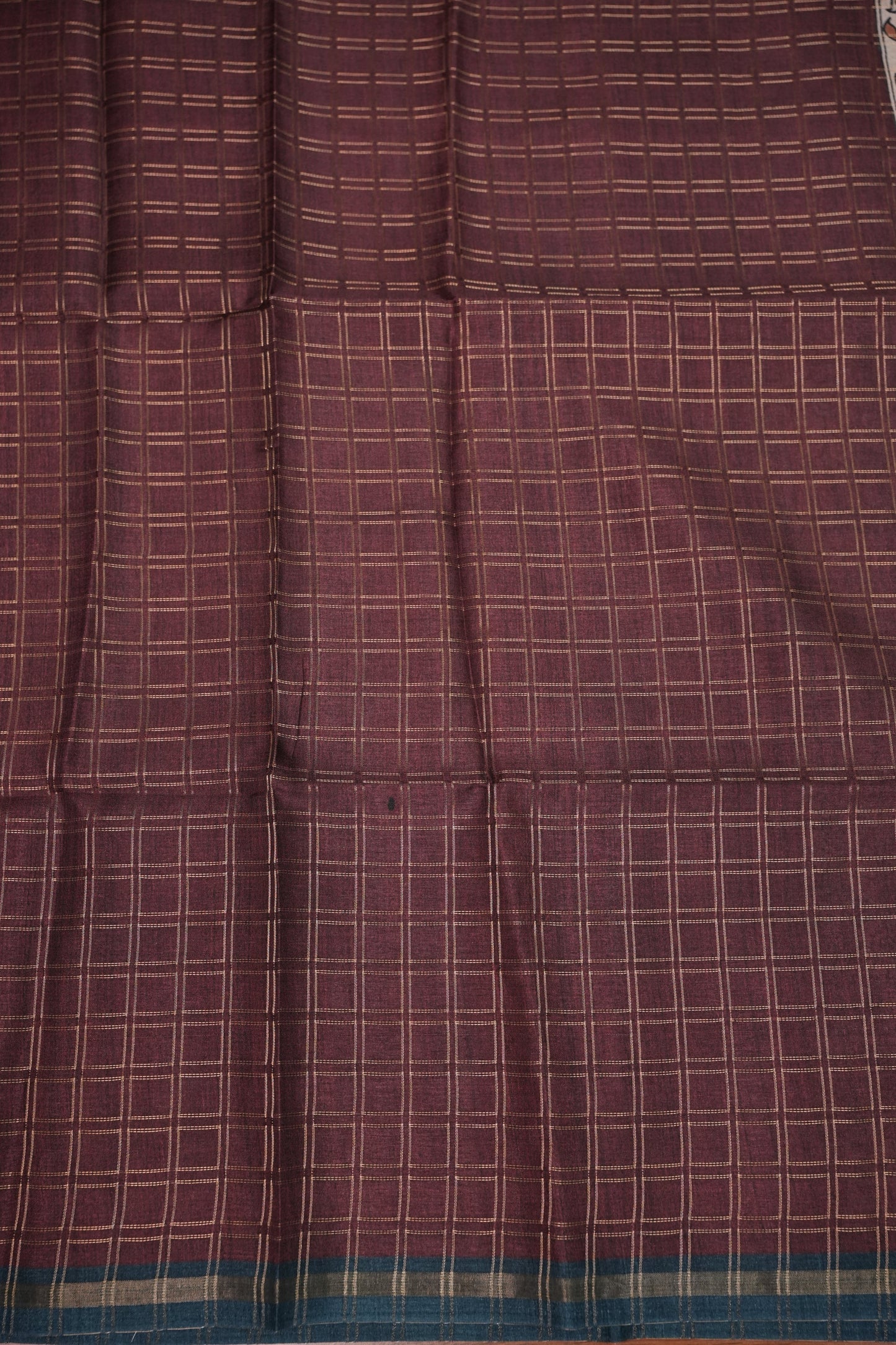 Semi Tussar Raw Silk Saree with Checkered Body & Kalamkari Printed Pallu and Blouse – Brown & Teal Blue