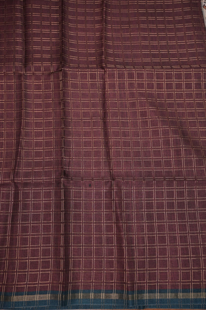 Semi Tussar Raw Silk Saree with Checkered Body & Kalamkari Printed Pallu and Blouse – Brown & Teal Blue