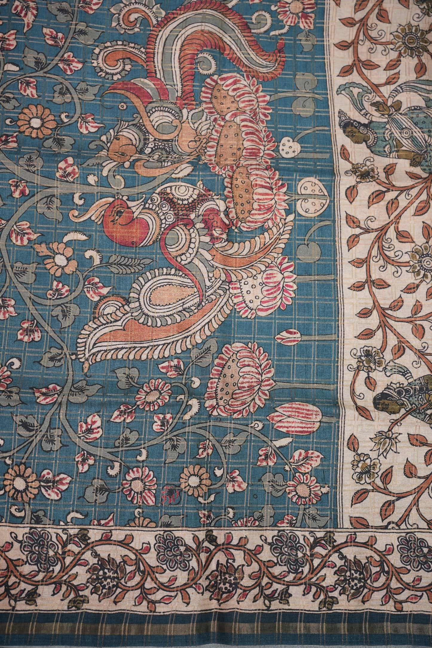 Semi Tussar Raw Silk Saree with Checkered Body & Kalamkari Printed Pallu and Blouse – Brown & Teal Blue