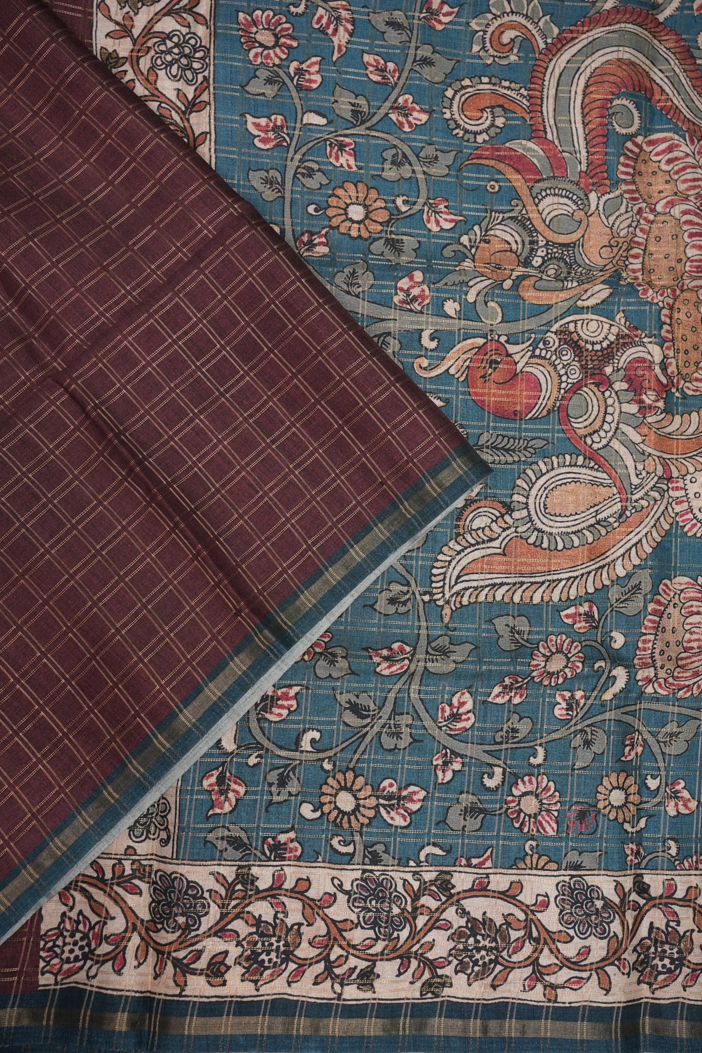 Semi Tussar Raw Silk Saree with Checkered Body & Kalamkari Printed Pallu and Blouse – Brown & Teal Blue