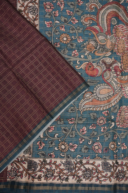 Semi Tussar Raw Silk Saree with Checkered Body & Kalamkari Printed Pallu and Blouse – Brown & Teal Blue