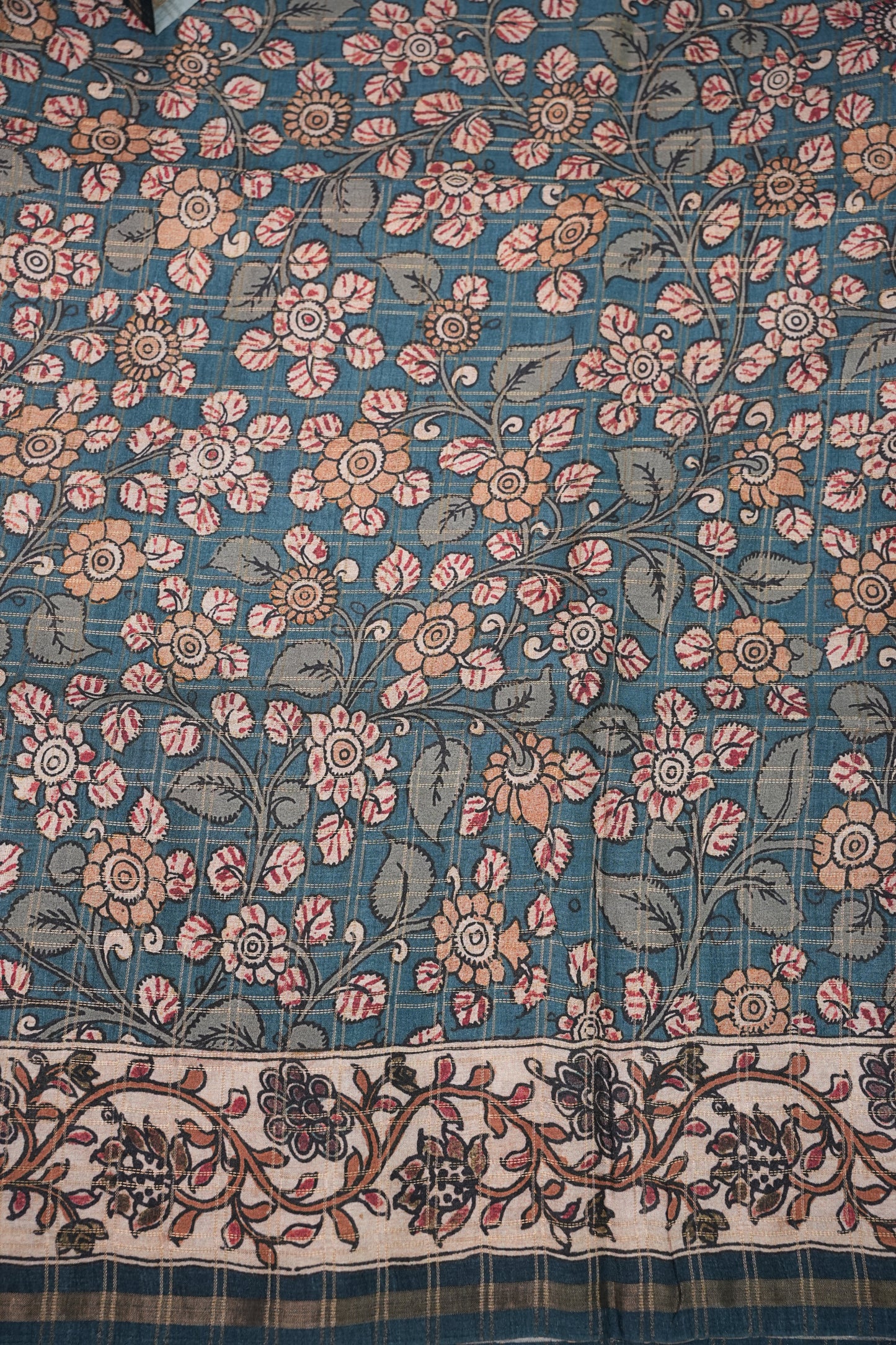 Semi Tussar Raw Silk Saree with Checkered Body & Kalamkari Printed Pallu and Blouse – Brown & Teal Blue