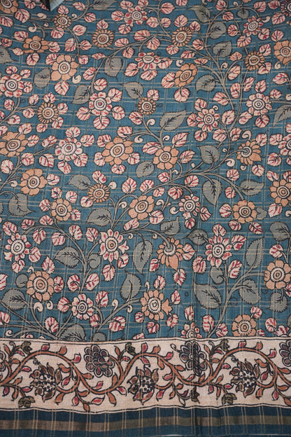 Semi Tussar Raw Silk Saree with Checkered Body & Kalamkari Printed Pallu and Blouse – Brown & Teal Blue