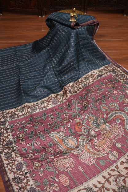 Semi Tussar Raw Silk Saree with Checkered Body & Kalamkari Printed Pallu and Blouse – Deep Teal Blue & Wine