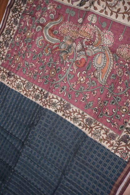 Semi Tussar Raw Silk Saree with Checkered Body & Kalamkari Printed Pallu and Blouse – Deep Teal Blue & Wine