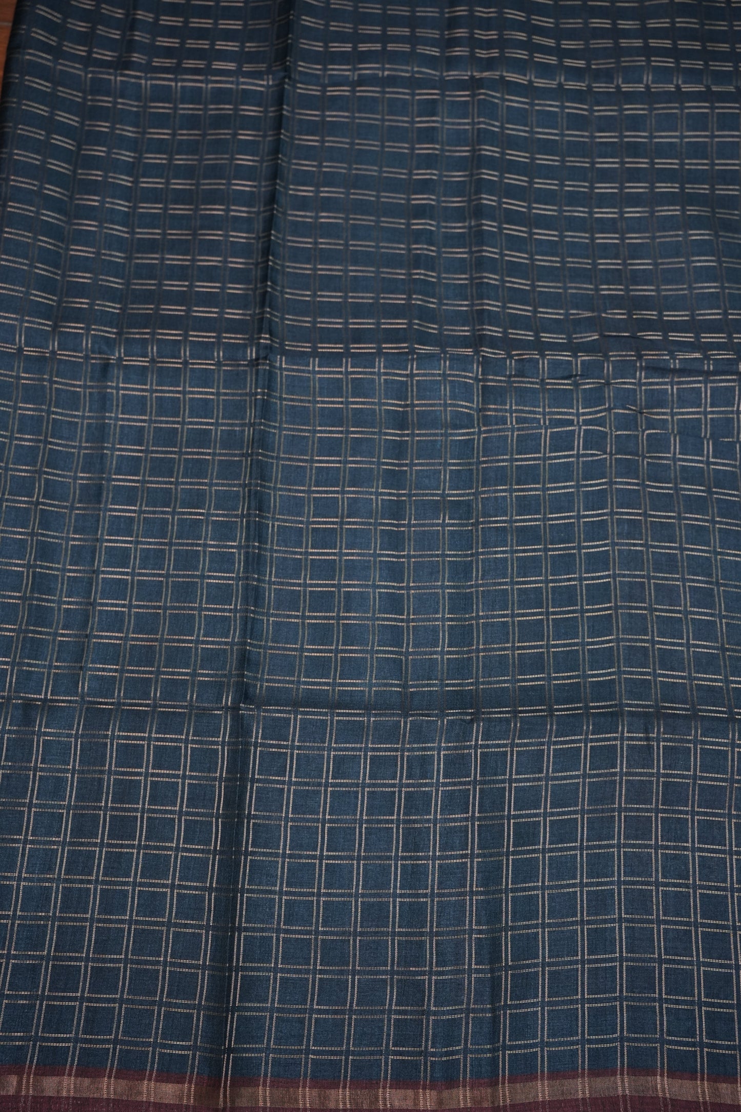 Semi Tussar Raw Silk Saree with Checkered Body & Kalamkari Printed Pallu and Blouse – Deep Teal Blue & Wine