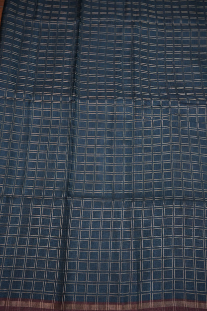 Semi Tussar Raw Silk Saree with Checkered Body & Kalamkari Printed Pallu and Blouse – Deep Teal Blue & Wine