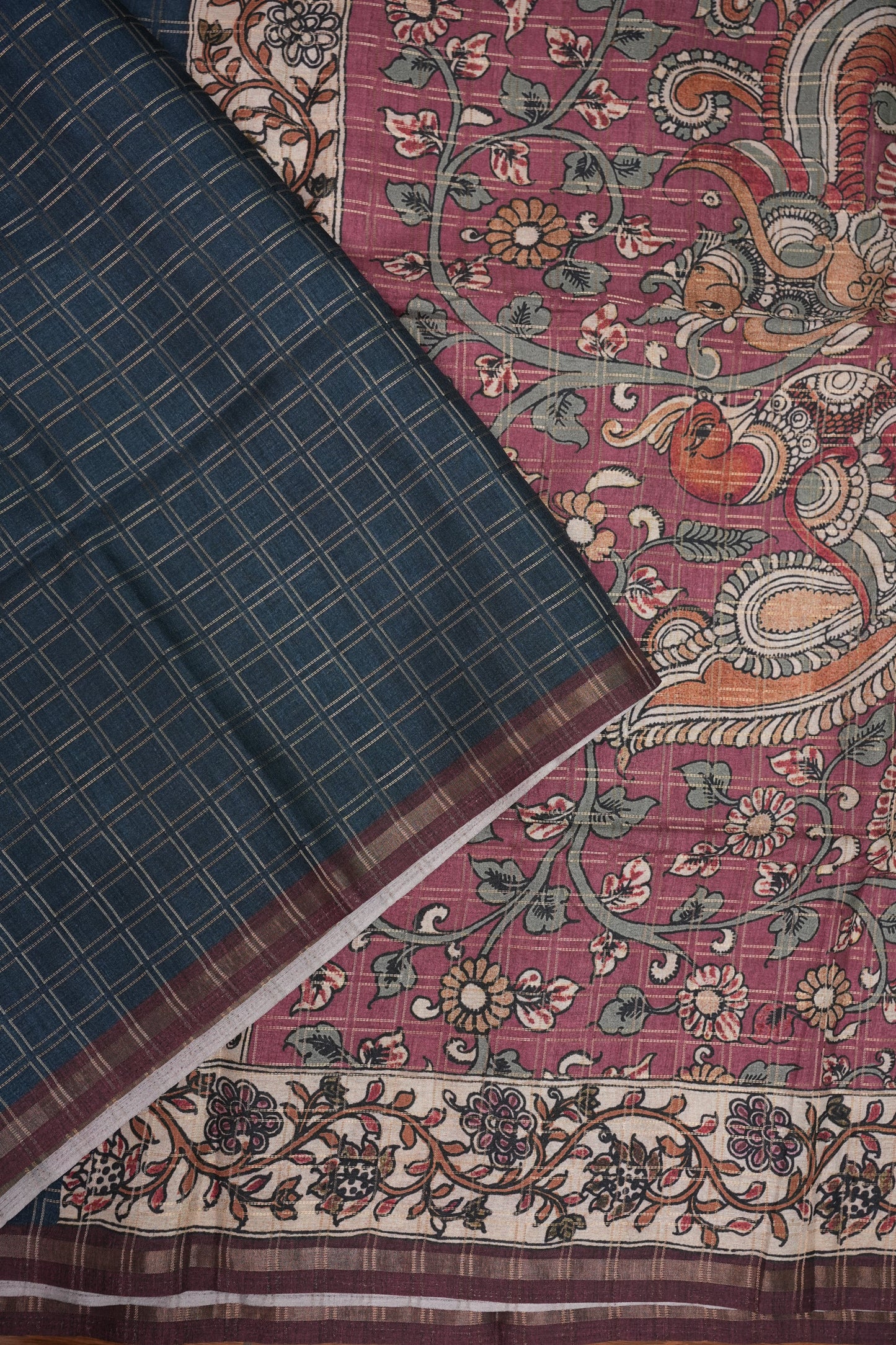 Semi Tussar Raw Silk Saree with Checkered Body & Kalamkari Printed Pallu and Blouse – Deep Teal Blue & Wine
