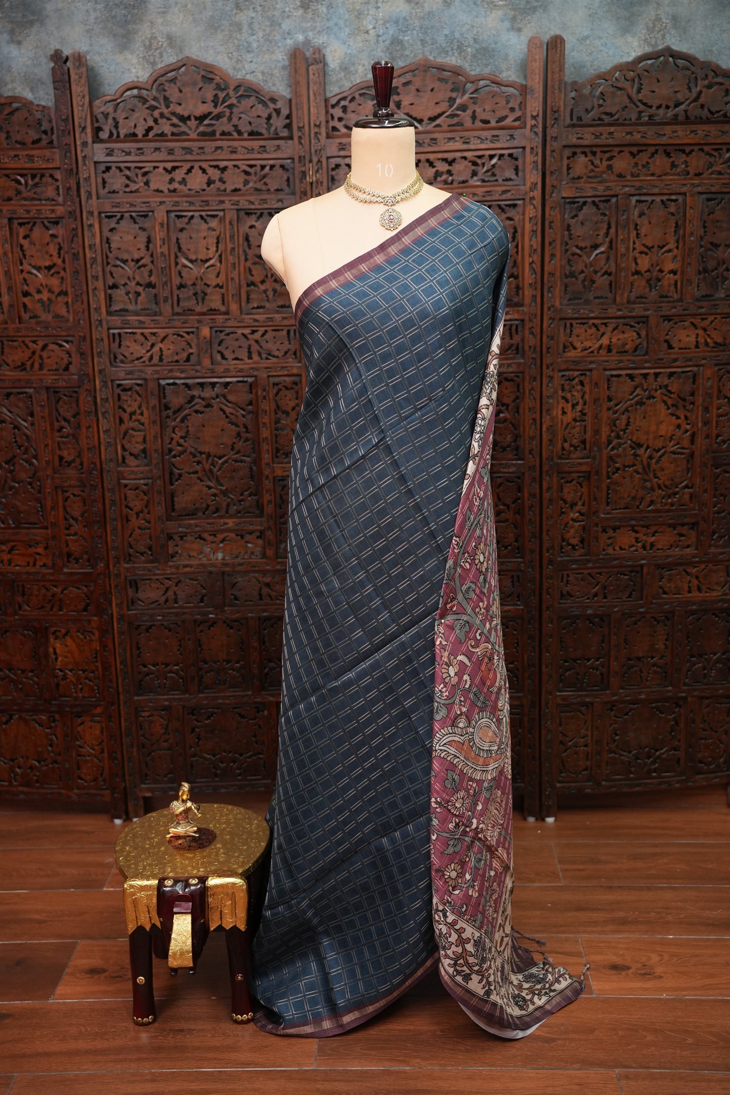 Semi Tussar Raw Silk Saree with Checkered Body & Kalamkari Printed Pallu and Blouse – Deep Teal Blue & Wine