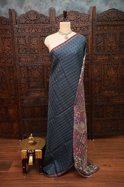 Semi Tussar Raw Silk Saree with Checkered Body & Kalamkari Printed Pallu and Blouse – Deep Teal Blue & Wine